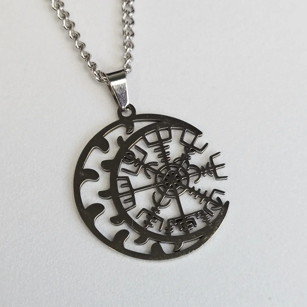 Vegvisir Viking Compass Necklace Crescent Moon Norse Rune Amulet 24” Silver Gift